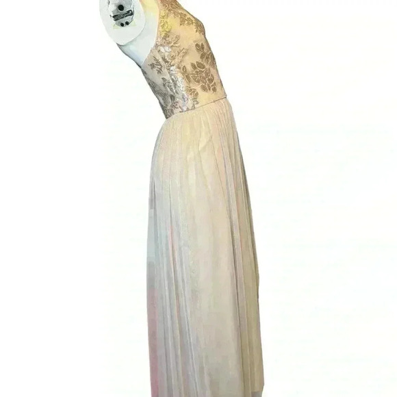 AMSALE Dress 14 Sequin Embellished Maxi Halter Neck Tulle A-Line Cocktail Beige - Picture 5 of 14